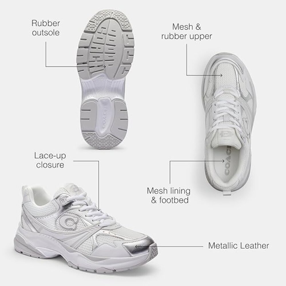 Coach Women's Metallic Mesh Sneaker, White/Grey, 6 - Picture 13 of 14